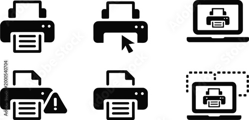 Printer icons set, printing process, document output, office equipment, digital print, wireless printing, technology symbols, business workflow, vector illustration concept