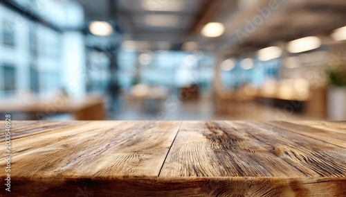 A warm-toned wooden surface occupies the foreground of this image, softly blurred in the background is a modern interior space with warm lighting and a sense of depth.