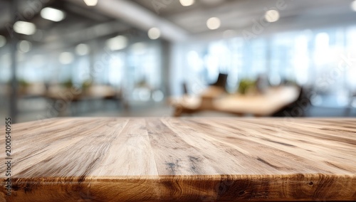 A wooden tabletop extends into a blurred, modern office space.