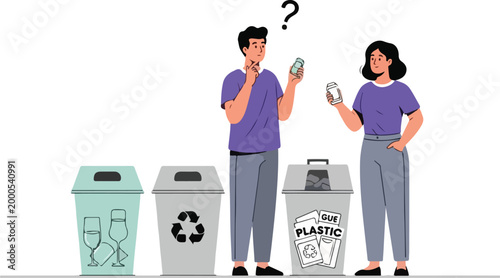 Illustrative graphic of people pondering over recycling bins for different waste types like plastic and glass, questioning proper disposal methods