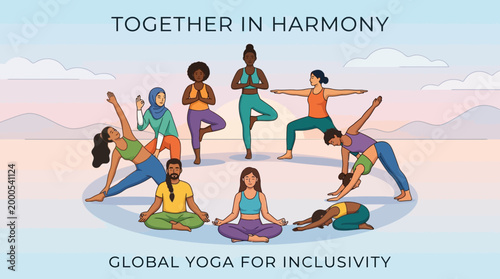 Diverse group practicing yoga together in harmony vector illustration