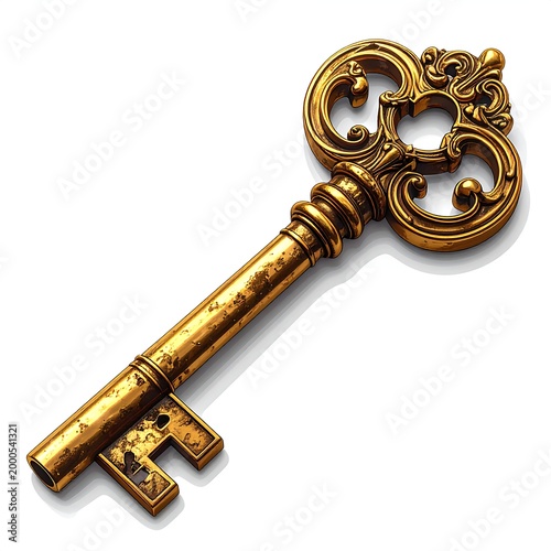 Vintage ornate golden antique key closeup.