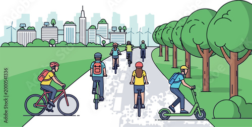 Urban cyclists and scooter riders enjoying a green city park path on a sunny day, promoting sustainable transportation and healthy lifestyles