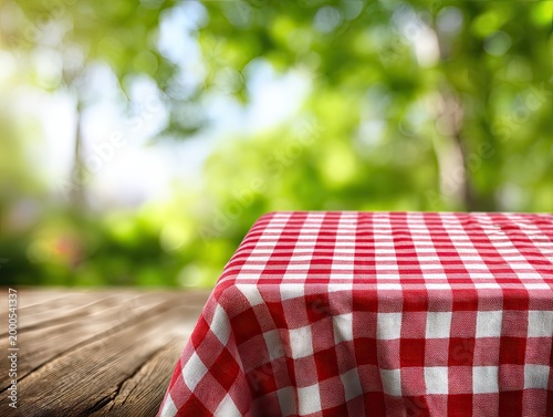 A checkered tablecloth rests on a wooden surface with a blurred green garden backdrop.