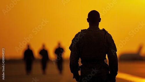 A lone soldier stands silhouetted against a vibrant orange sunset, observing distant figures.