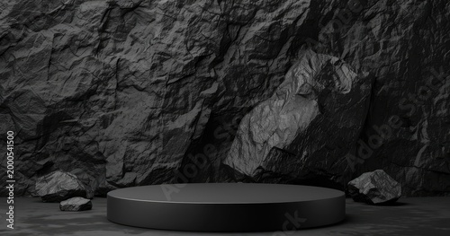 A minimalistic black stage set against a rocky background, ideal for presentations or displays.