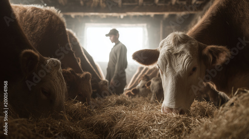 Farmer feeding cows in a traditional countryside barn ,work , growing crops, animal care, hard work, photo style