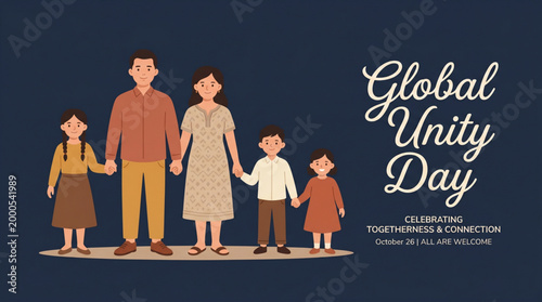 Global unity day family illustration with parents and children holding hands representing togetherness bonding love and community support for social awareness banner design