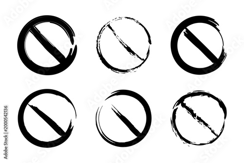 Black prohibition signs collection with grunge brush stroke texture and stop symbols isolated on white background