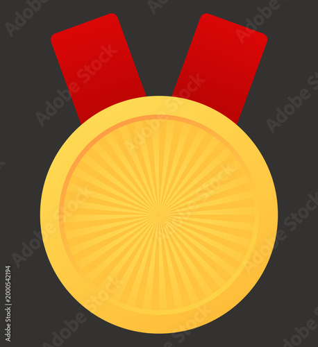 Gold medal with red ribbon on dark background.