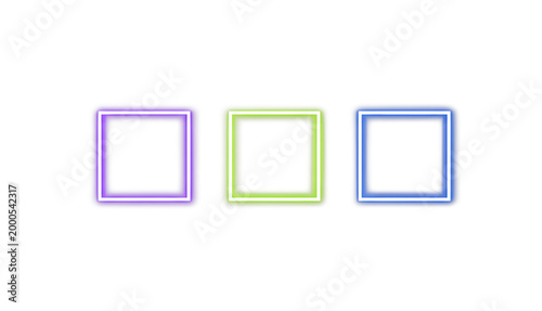 Three colorful glowing square frames in purple green and blue neon light isolated on transparent background