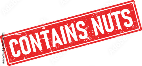 Distressed red rubber stamp impression stating CONTAINS NUTS in white capital letters
