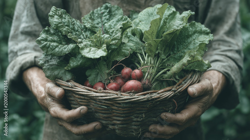 Farmer collecting fresh vegetables from organic garden ,work , growing crops, animal care, hard work, photo style