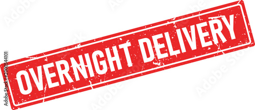 Rectangular red ink stamp with white text Overnight Delivery diagonally placed on white