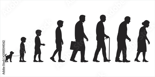 Human Life Stages Silhouette Progression with Dog on White Background evolution