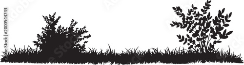 Black grass silhouette vector set, 4 organic lawn tuft elements, botanical meadow plant borders, minimalist garden landscape greenery icons. Grass and Bush Silhouette Border