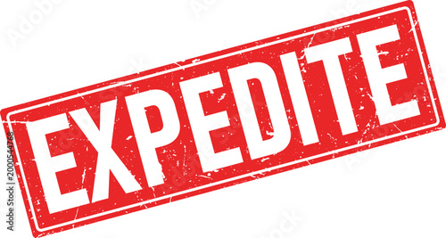 Red distressed rectangular rubber stamp impression with the word expedite