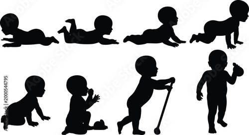 Black Silhouettes of Babies in Different Stages of Development and Play baby infant