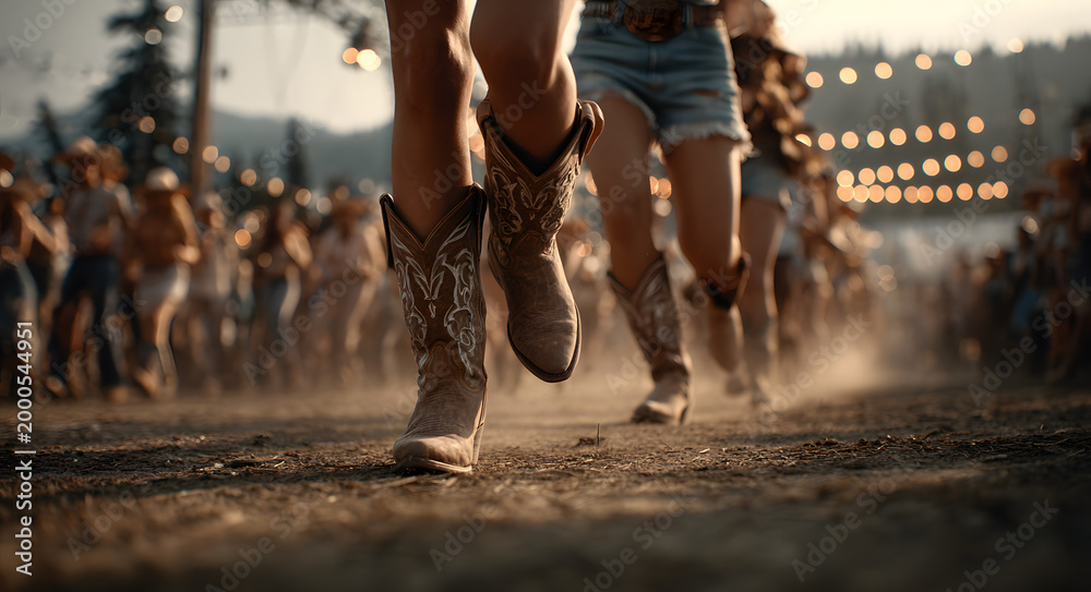 Fototapeta premium A group of women wearing cowboy boots are line dancing at a country music festival. This is an outdoor event focused on western culture and recreation.
