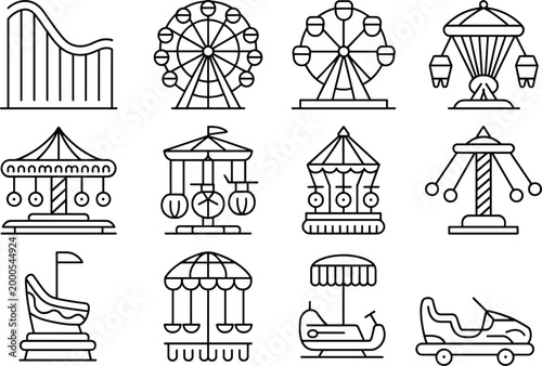 Amusement Park Rides Icons Set Roller Coaster Ferris Wheel Carousel and More illustration vector