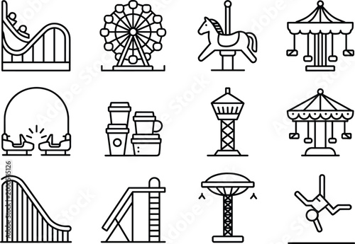 Amusement Park Ride Icons Roller Coaster Ferris Wheel Carousel and Drop Tower vector illustration