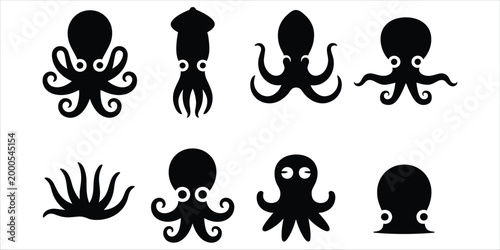 Black Octopus and Squid Silhouettes with Various Tentacle Poses cephalopod marine life