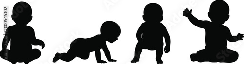 Black Silhouette of Baby in Various Poses Sitting Crawling Standing Reaching infant child