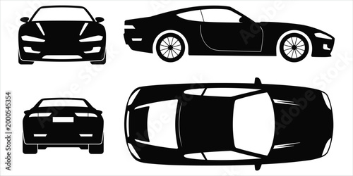 Silhouette Views of a Modern Sports Car From Front Side and Top automobile vehicle
