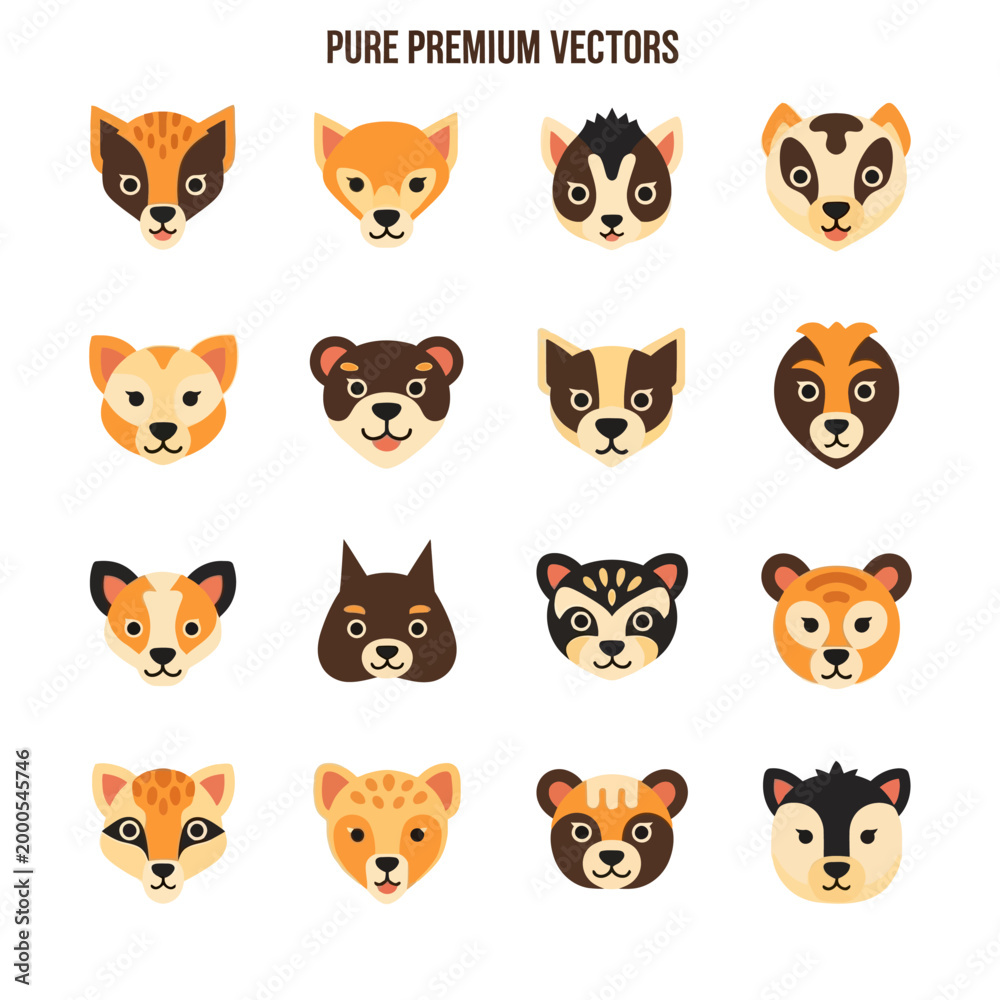 Fototapeta premium Cute Cartoon Animal Faces Collection - Fox, Badger, Weasel, Ferret, Raccoon Icons
