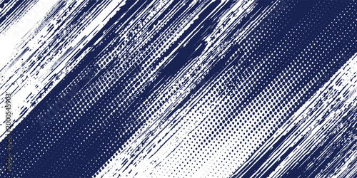 Artistic navy blue ink splash background with fine halftone dots and dry brush effect.