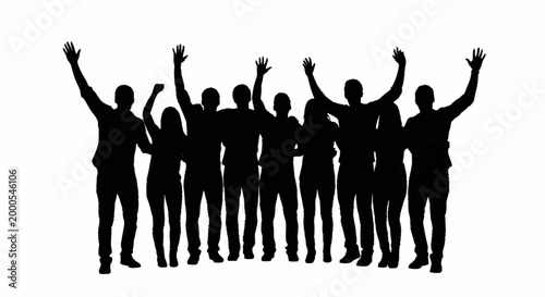 Silhouette of group of people with arms raised