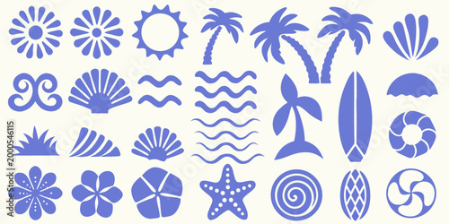 blue beach elements vector collection with palm trees shells and waves high quality professional detailed