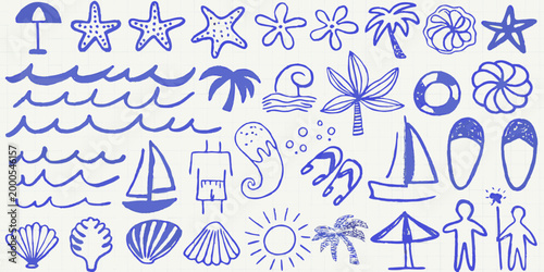 sketch style summer icons set on grid background high quality professional detailed modern elegant stylish