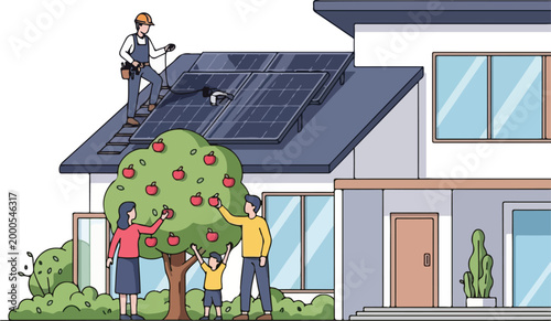 Family watches worker installing solar panels on house roof with tree