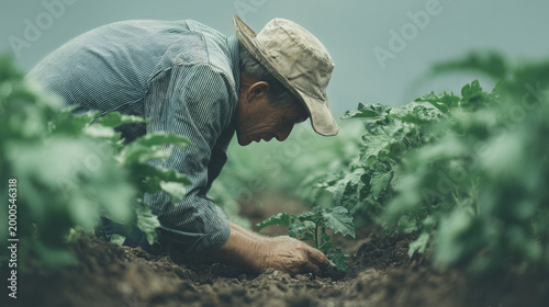 Farmer inspecting crops for growth and quality ,work , growing crops, animal care, hard work, photo style