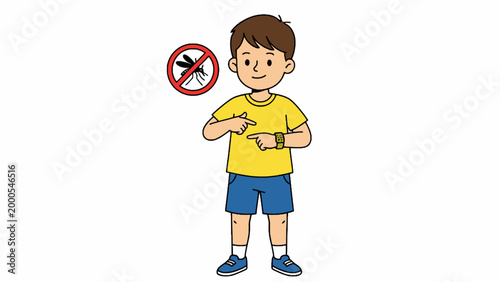 Boy pointing to anti mosquito wristband on white background