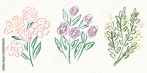 three floral clusters with delicate pastel colors and green leaves high quality professional detailed modern