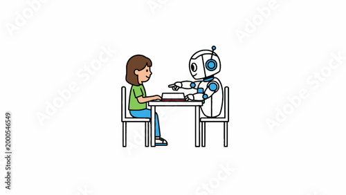 Robot teaching girl reading book at desk illustration