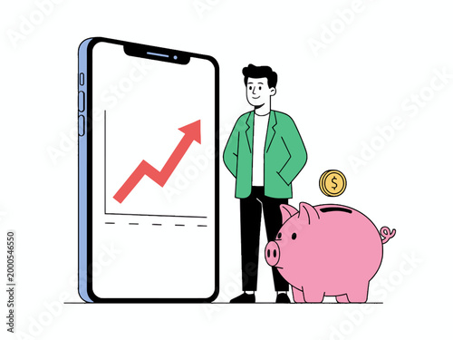 Businessman Tracking Financial Growth on Smartphone with Piggy Bank