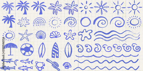 hand drawn beach themed doodles in blue on light blue grid paper high quality professional