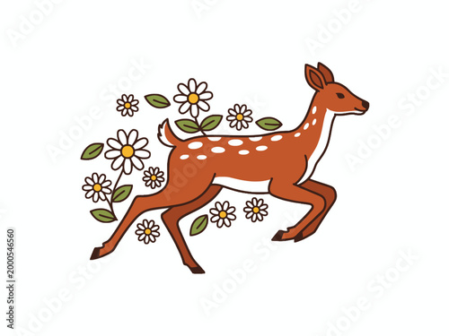 Fawn Running With Daisies On White Background Vector