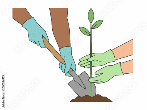 People Planting Tree in Soil Shovel Illustration