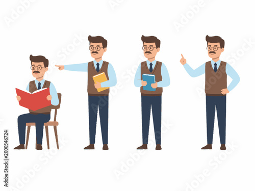 Teacher Character Set Reading and Teaching on White Background