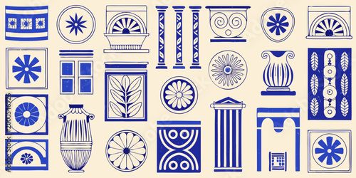 collection of ancient greek architectural elements in blue line art style high quality professional detailed