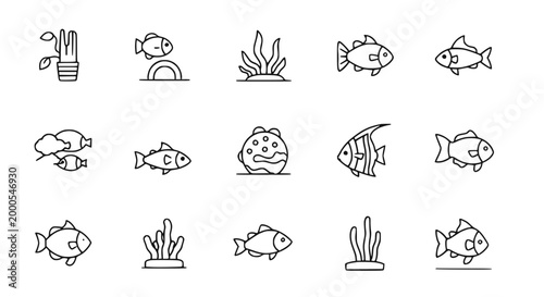 Aquarium Icons: Fish, Plants, Bubbles - Simple Line Art Collection