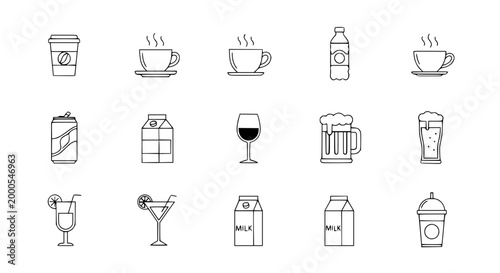 Assorted Drink Icons: Coffee, Beer, Juice, Milk, Cocktails & Soda