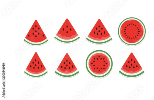 Red Watermelon Fruit Slice Sticker. Flat Vector Minimalist Tropical Fruit Illustration for Summer.