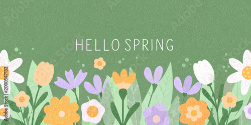 hello spring text with colorful flowers on green background high quality professional detailed modern elegant