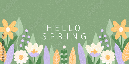 hello spring text with colorful flowers on green background high quality professional detailed modern elegant