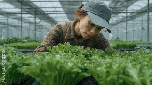 Worker tending greenhouse plants in modern farm ,work , growing crops, animal care, hard work, photo style